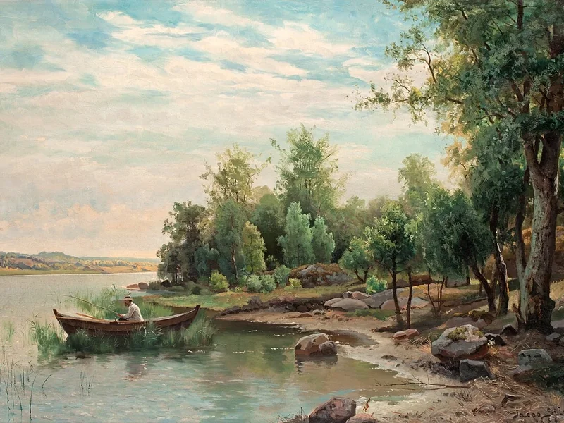 1851-Jacob Silven - Veduta di un lago con un pescatore in barca